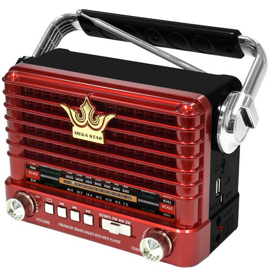 Radio Portatil AM/FM/SW Megastar RX358BTR2 600 Watts com Bluetooth Bivolt - Preto/Vermelho