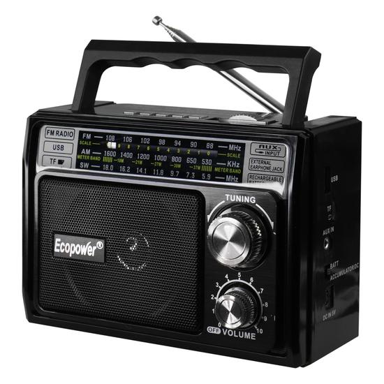 Radio Portatil Ecopower EP-F35B - USB/ SD/ Aux - AM/ FM/ SW - Recarregavel - Preto