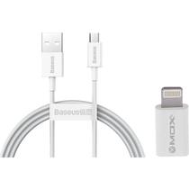 Cabo Baseus USB-A / Micro-USB (CAMYS-02) 1 Metro / 2A + Adaptador Micro-USB / Lightning Mox (MO-PL01) - Branco