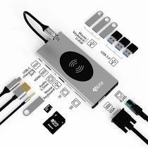 Hub Adaptador Multiporta 4LIFE FL15W USB-C / 15 Em 1 / USB-C PD 100W / HDMI / 3.5MM Audio / USB 2.0 / TF / SD / USB 2.0 X3 / USB 3.0 X3 / VGA / RJ45 / Wireless Charging 15W - Cinza