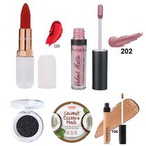 Kit Maquiagem Phoera com Batom Absolute Matte/ Corretor Liquido Full/ Sombra para Olhos Glitter/ Brilho Labial Velvet Matte/ Mascara de Coco - (5 Pecas)