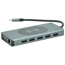 Hub USB Type-C 3.1 14 Portas / 2 HDMI / 5 USB 3.0 / Type-C Femea / Glan / VGA / SD / TF / 3.5MM / Carregador Wireless 15W - Cinza