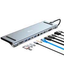 Hub Adaptador Multiporta 4LIFE FL12E USB-C / 12 Em 1 / USB-C PD 100W / VGA / 3.5MM Audio / HDMI X2 / RJ45 / USB 3.0 / USB-C / USB 2.0 X2 / TF / SD - Cinza